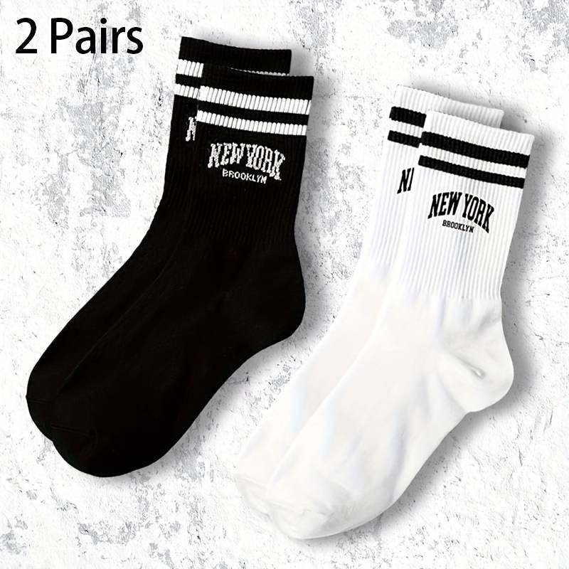 

2pcs '' Mid-calf Socks - Fashionable Striped & Letter Print, Breathable Polyester , Machine Washable