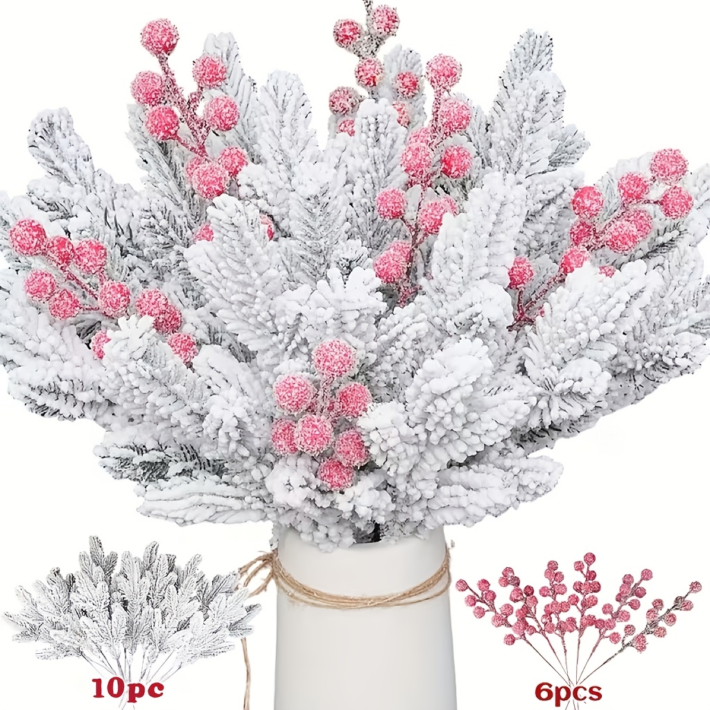 TEMU 16pcs Artificial Pine Needles And Artificial Flowers, Artificial Plastic Red Jam, Suitable For Christmas Decorations, Home Decor, Table