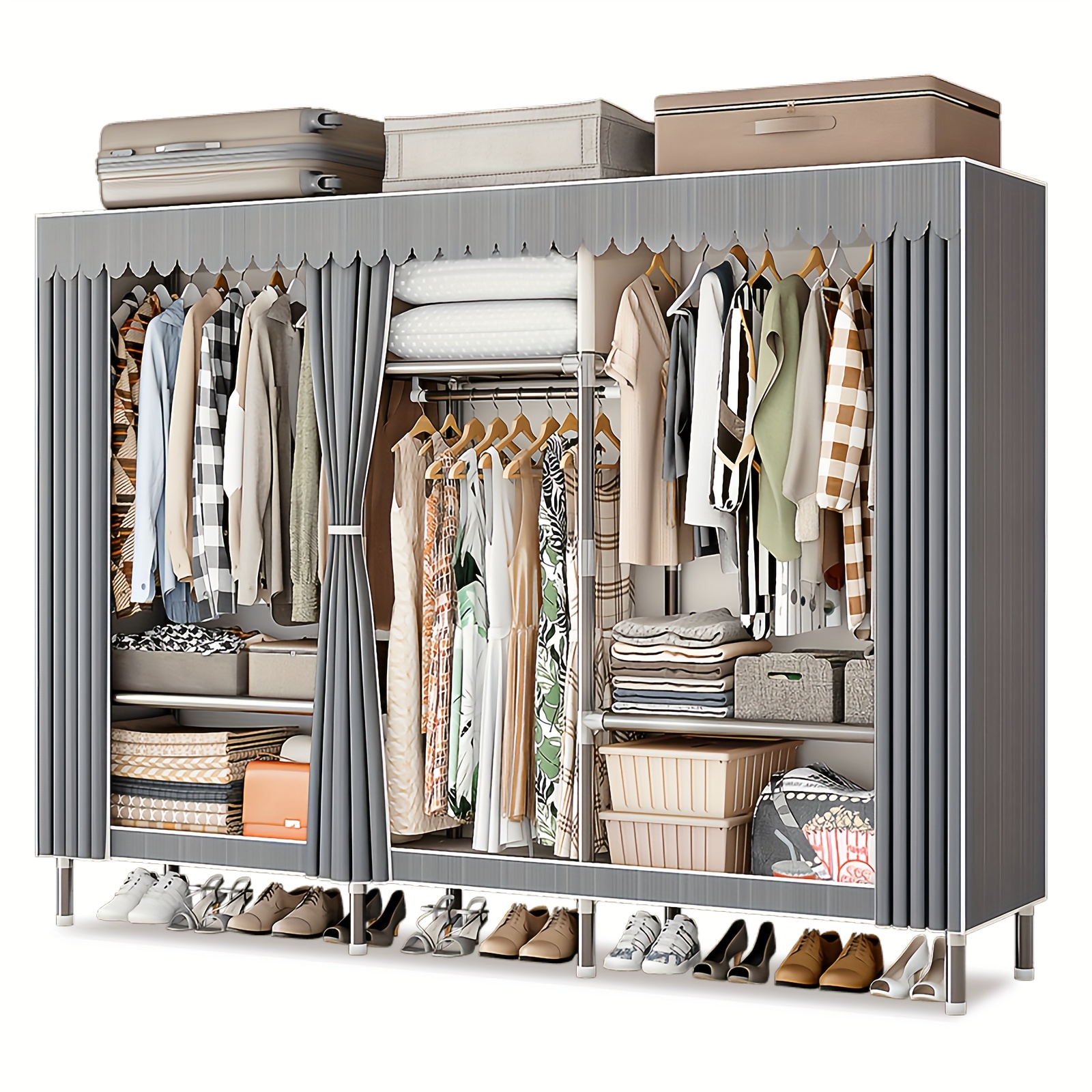 E-shop Tragbarer Kleiderschrank, Schlafzimmer Kleiderschrank aus Canvas, Kleiderschrank Organizer mit Kleiderstange und Regalen, Ausgestattet mit