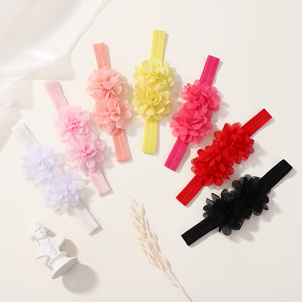 Image of 7pcs Set Of Cute Hairbands With 2 Solid Color Chiffon Flowers, High Elasticity, For Warm Head Styling And Dressing