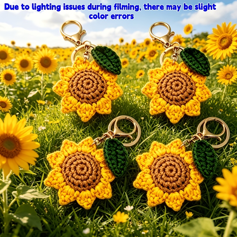 TEMU 4pcs Handmade Crochet Sunflower Keychain, Cute Knitted Flower Bag Charm, Boho Floral Key Ring Accessory For Backpack Purse Car, Aesthetic Gift