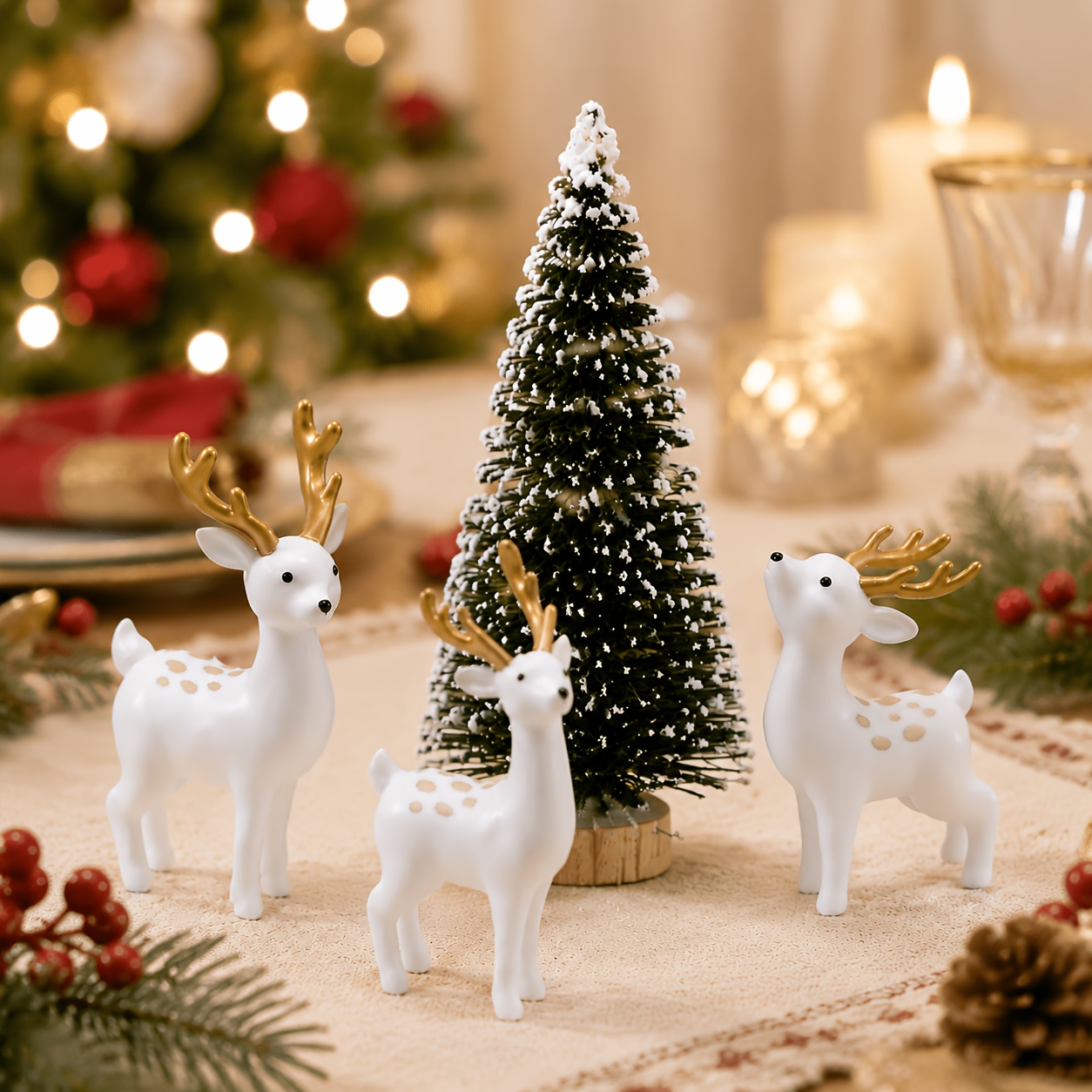 TEMU 4pcs Christmas Deer Decoration Set, Small Size Figurines With Snowy Christmas Tree, Woodland Tabletop Decor For Home Office Living Room, Holiday