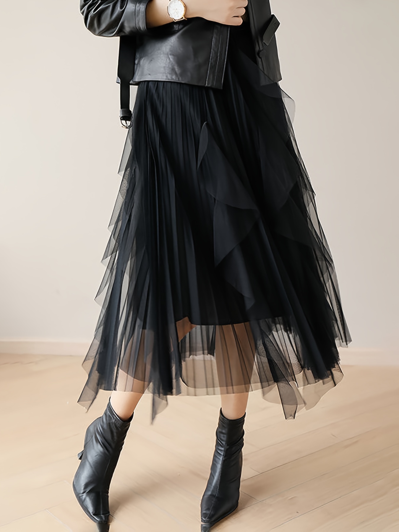Elegant Pleated Midi Skirt Women High Waist Sheer Mesh