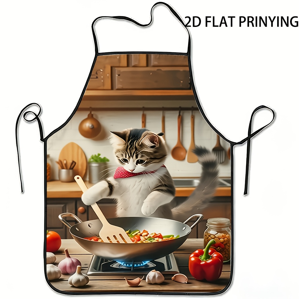 TEMU 1 Apron With A Cat Stir-frying Pattern, Home Baking, Kitchen Use, And Parties. This Durable, Comfortable, And Fun Unisex Cooking Apron Is