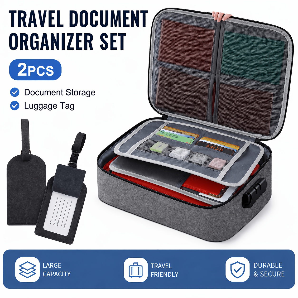 TEMU Large Capacity Tsa- Lockable Travel Document Organizer Bag With Lockable Mesh Pockets & Trolley Sleeve Suitable For Passport, Papers, Cables