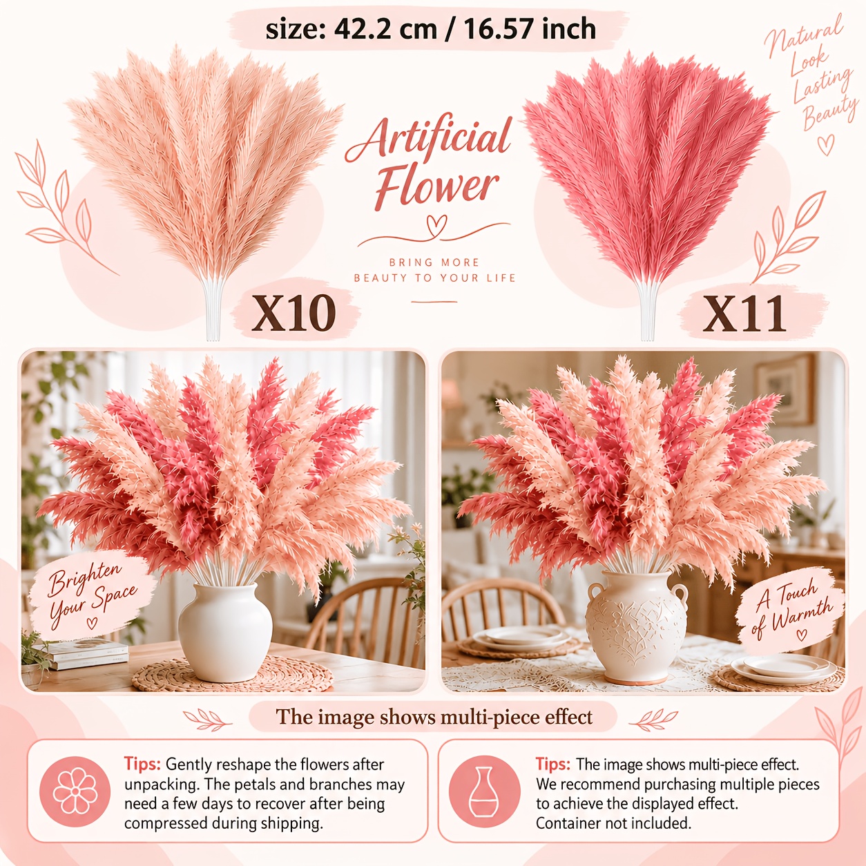 TEMU 21 piezas de flores de de artificial, de sintéticos suaves y esponjosos, ramo de flores secas rosa y beige para decoración de , boda, hogar y