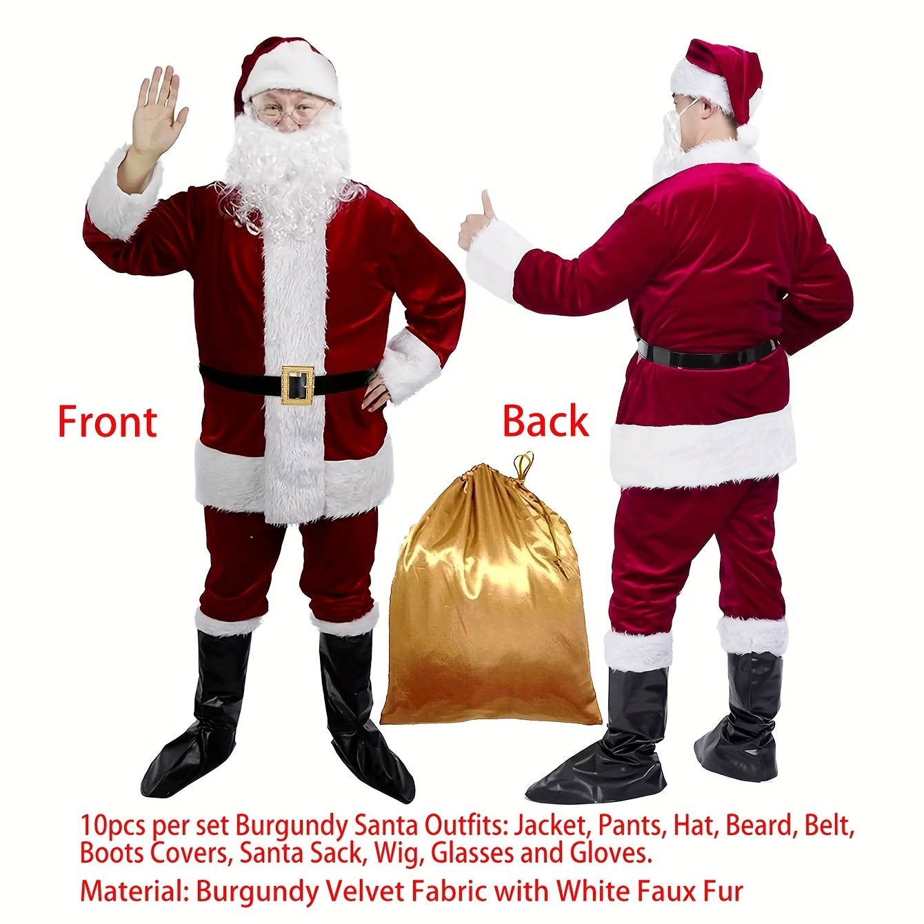 

Deluxe Burgundy Velvet Santa Claus Costume Set For Adults - 10pcs Christmas Cosplay Outfit With Jacket, Pants, Hat, Beard, Belt, Shoe Covers, Wig, Glasses & Gloves - Holiday Parties