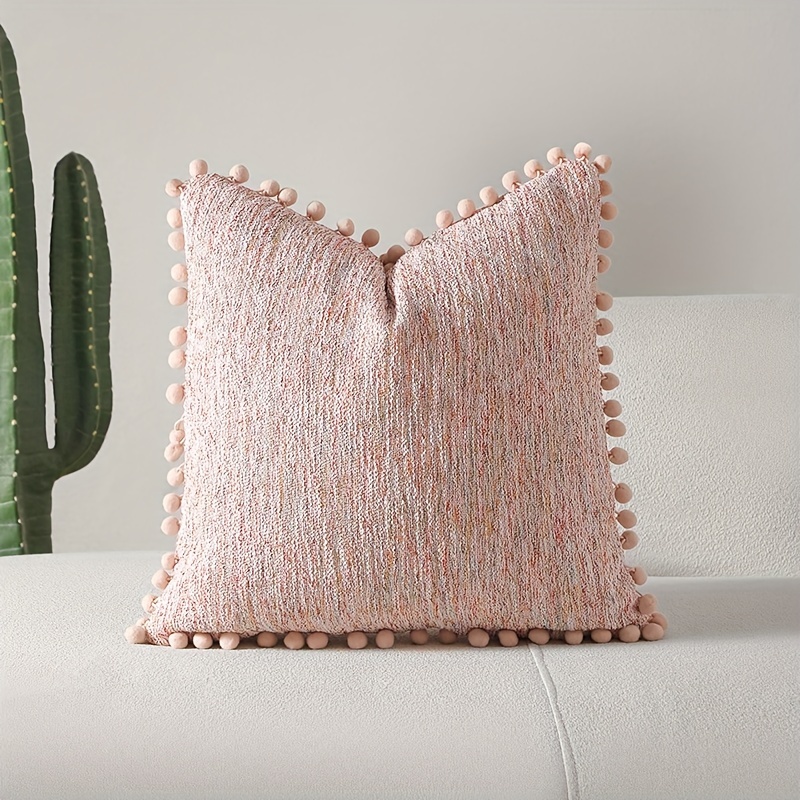 

1pc Contemporary Pink Woven Throw Pillow Cover With Pom-poms, Hand Wash Only Zippered Polyester Decorative Cushion For Room Types - Style Sofa Pillow Case Without Filling