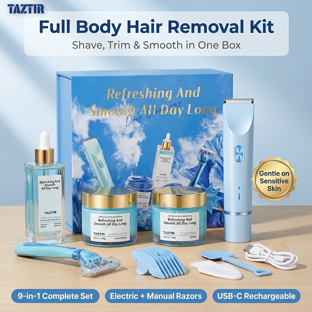Taztir 9-in-1 Luxury Grooming And Hair Removal Set: Includes A Dual-head Electric Shaver, Manual Razor, Coconut-scented Scrub, And . Packaged In A High-end Gift Box