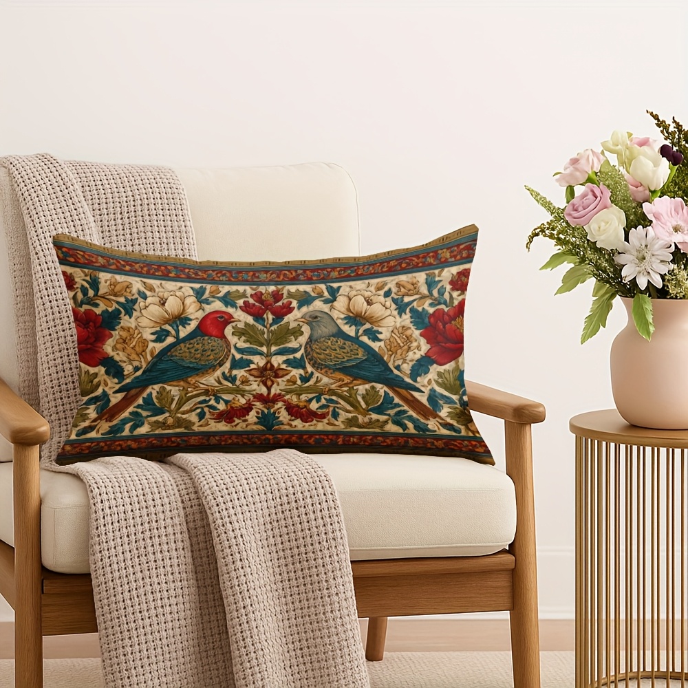 TEMU Housse de coussin lombaire 1 pièce imprimée double face, 12x20 pouces/30x50cm, motif oiseaux et fleurs William , style médiéval. Cette taie