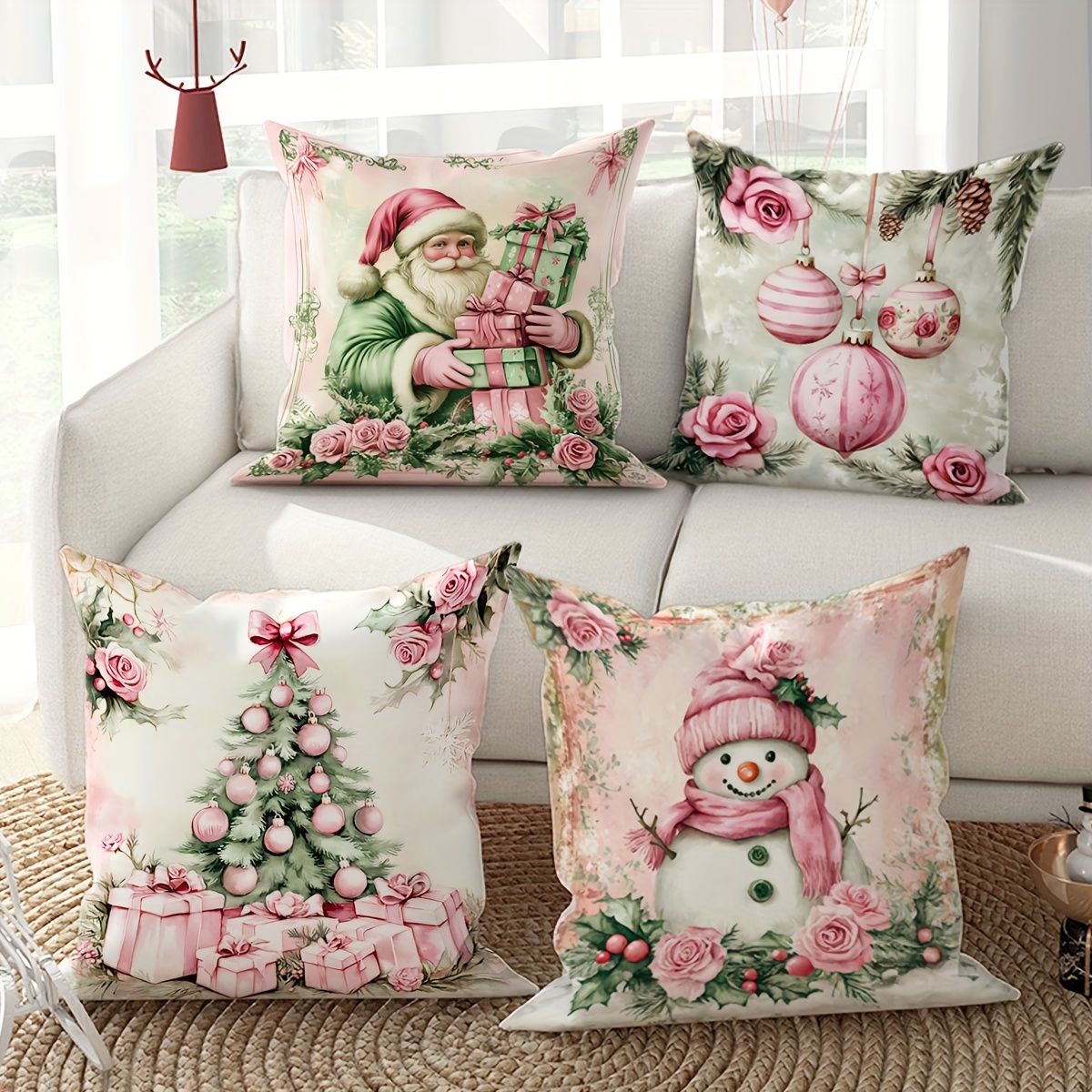 

4pcs Velvet Christmas Tree Santa Snowman Bells Throw Pillow Covers Cute Decorative Pillowcases 1 Sided Printing18in*18in For Winter In Living Room Bedroom Sofa Bed Decor Without Pillow Inserts