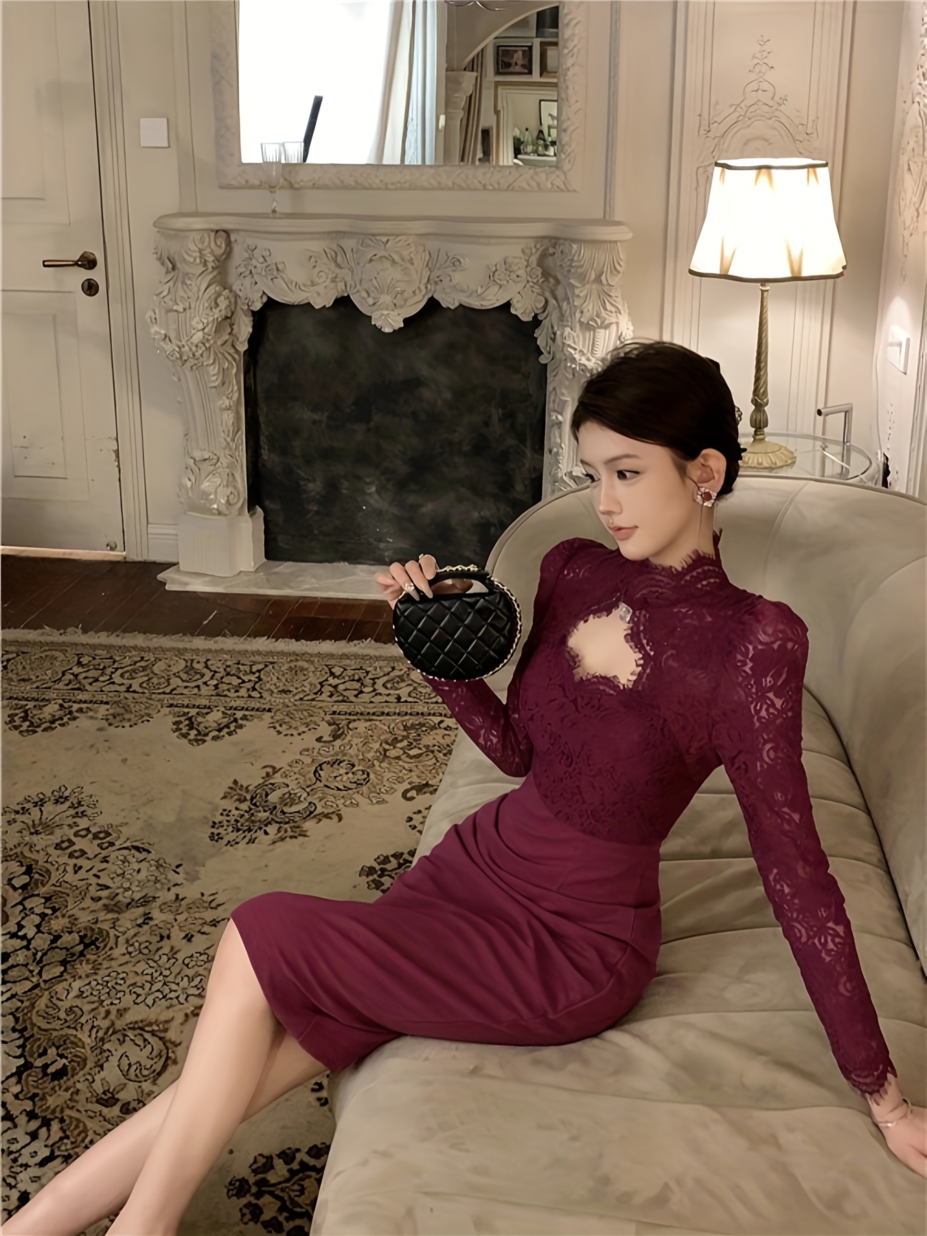 chinese dress ladies Naughty Or Nice Long Sleeve Lace Mini Dress Burgundy