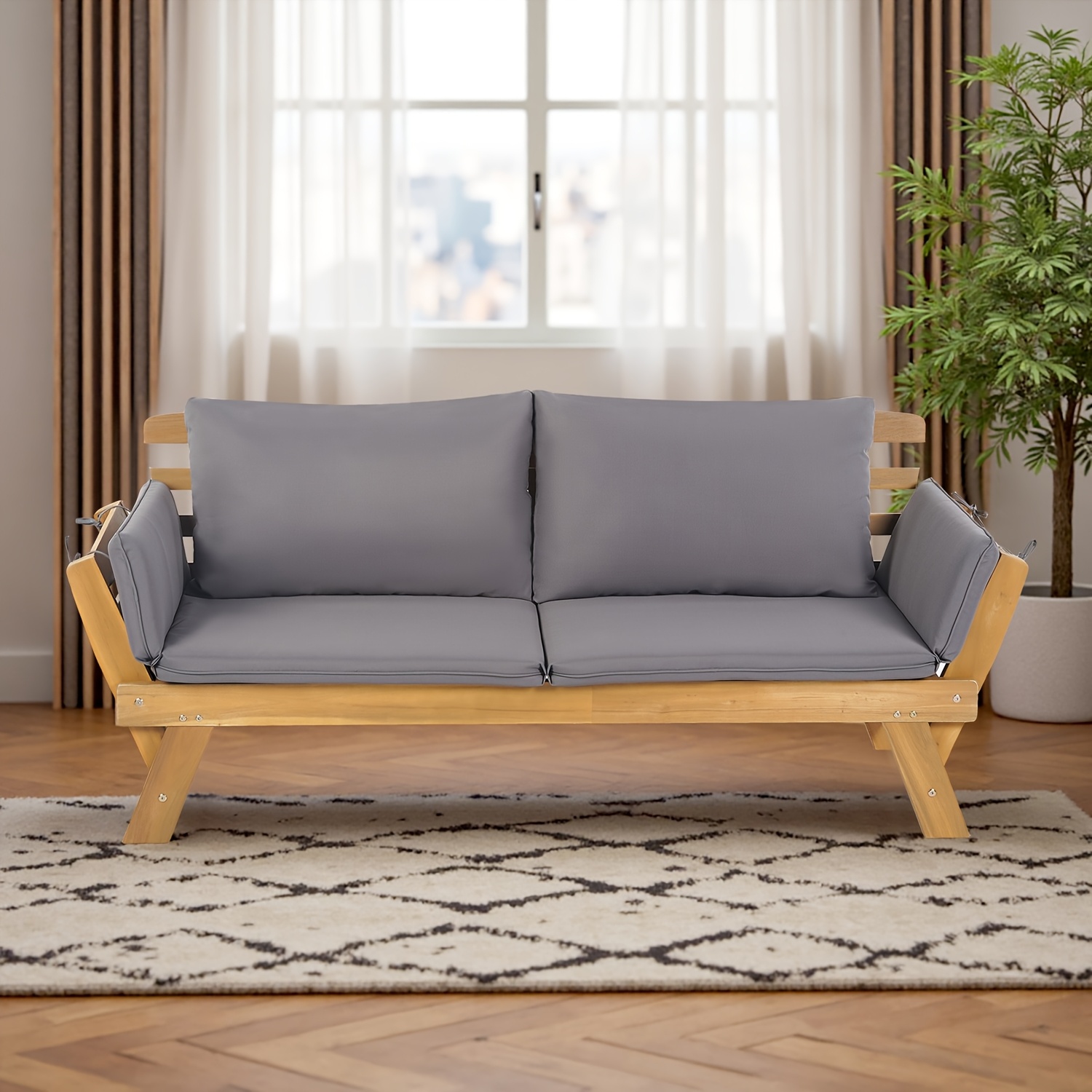 Outdoor Seating Arrangement Featuring a Wooden Sofa Bed with Adjustable Settings, Complete with Plush Cushions, Ideal for Two Individuals, Perfect for Small Spaces Like Balconies, Backyards, Or by The Pool