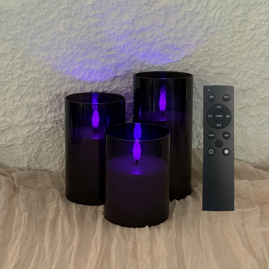 E-shop Schwarz-Lila Licht/Elektronische LED-Kerzen | Set aus 3 flammenlosen flackernden Kerzen mit Fernbedienung | Helligkeit einstellbar,