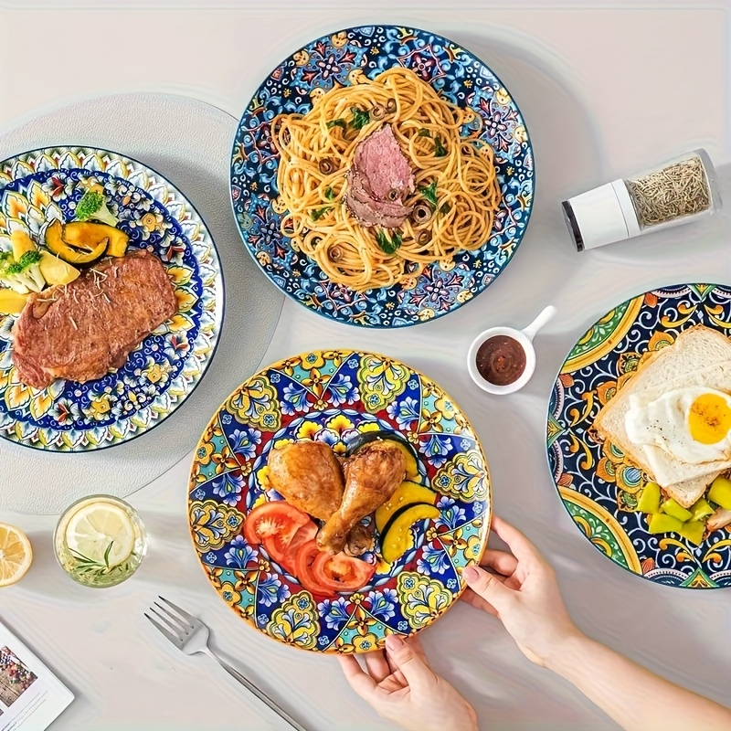 Set mit 4 Keramik-Teller, 21,59 cm, Dessert-Salat-Pasta-Teller, Steak, Snacks, Küche und Party * Geschirr *-Teller, böhmisches Farbenprächtiges Porzellan Servierteller,