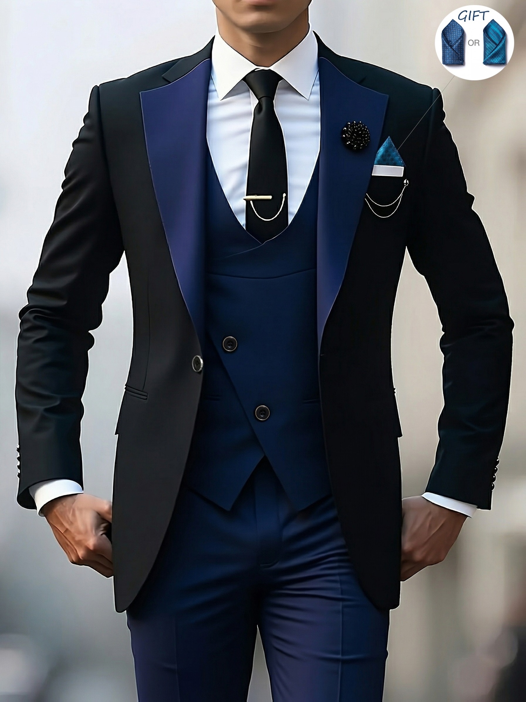 Ensemble costume élégant 3 pièces pour homme - Costume et pantalon coupe ajustée pour mariages et occasions formelles, convient pour réunions de bureau et événements élégants, tenue de cérémonie | Costume coupe ajustée | Costume de mariage durable. Inclut un mouchoir de poche à motif aléatoire.