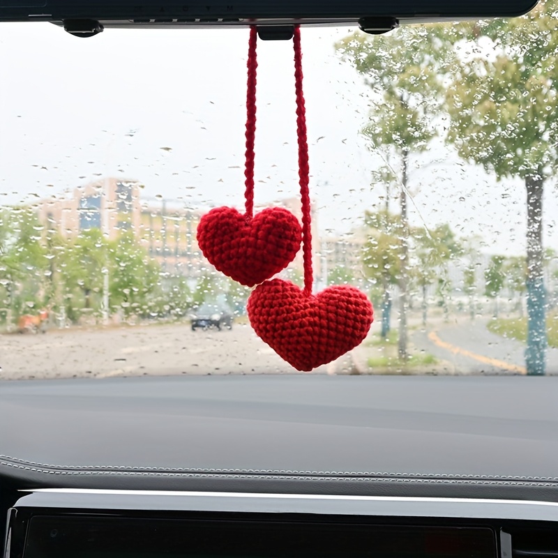 TEMU 1pc Handmade Wool Crochet Love Heart Pendant - Wool Yarn Car Mirror Hanger, Handmade In Small Workshop, Unique Gift Suitable For Car & Crochet