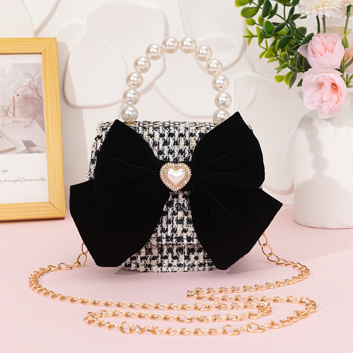 TEMU 1 mini sac à main en tweed à carreaux avec grand nœud en velours et ornement de strass de cœur, poignée supérieure en perle et sac à bandoulière