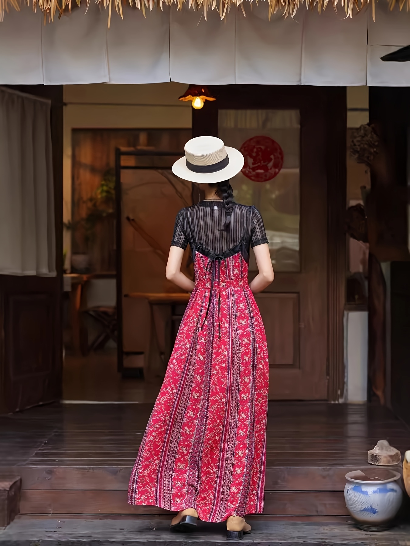 elegant shoulder geometric pattern maxi dress loose fit - Temu Oman