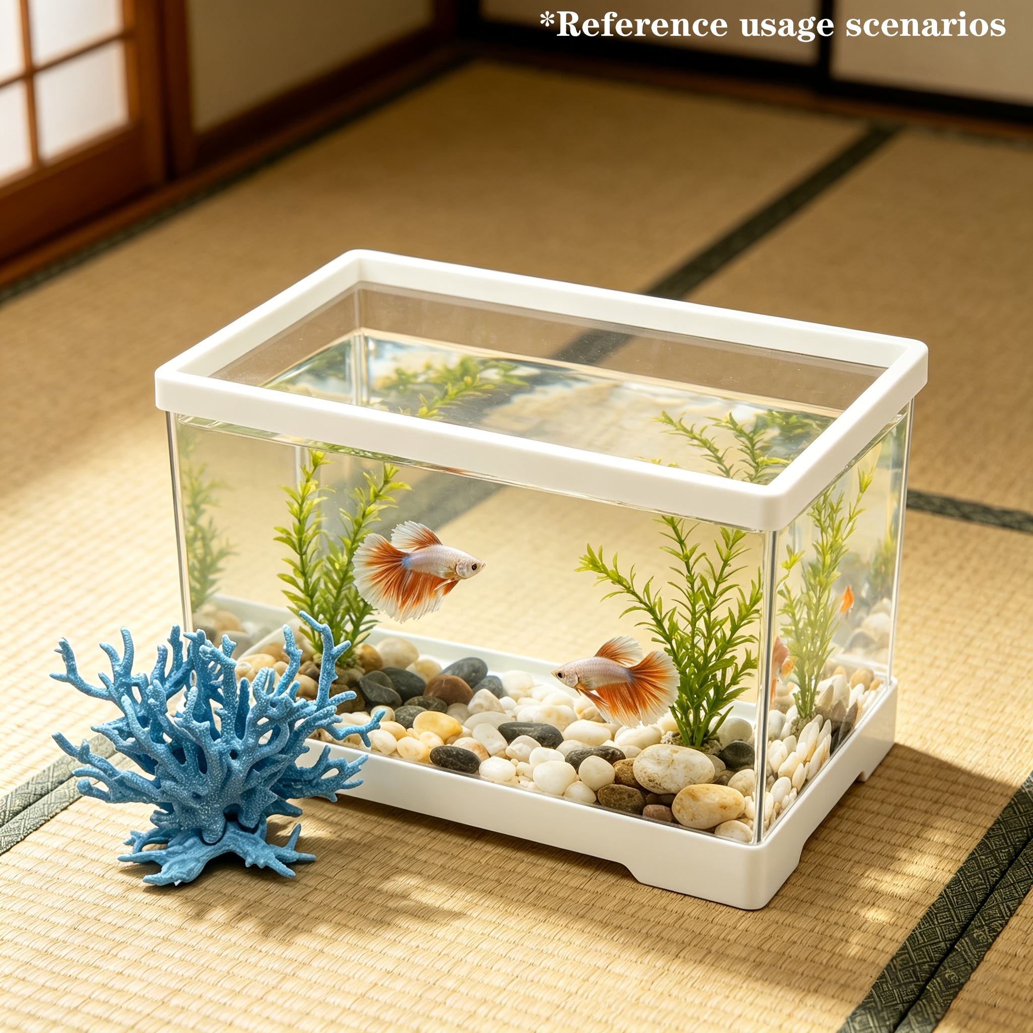 02pcs Set High-Transparency Ornamental Desktop Aquarium Landscape Kit, Ultra-Clear Panoramic High-Transparency Tank Body for Unobstructed Full-View Observation, Creamy White Simple Edging Suitable for All Home Decor Styles, Includes Aquarium Main