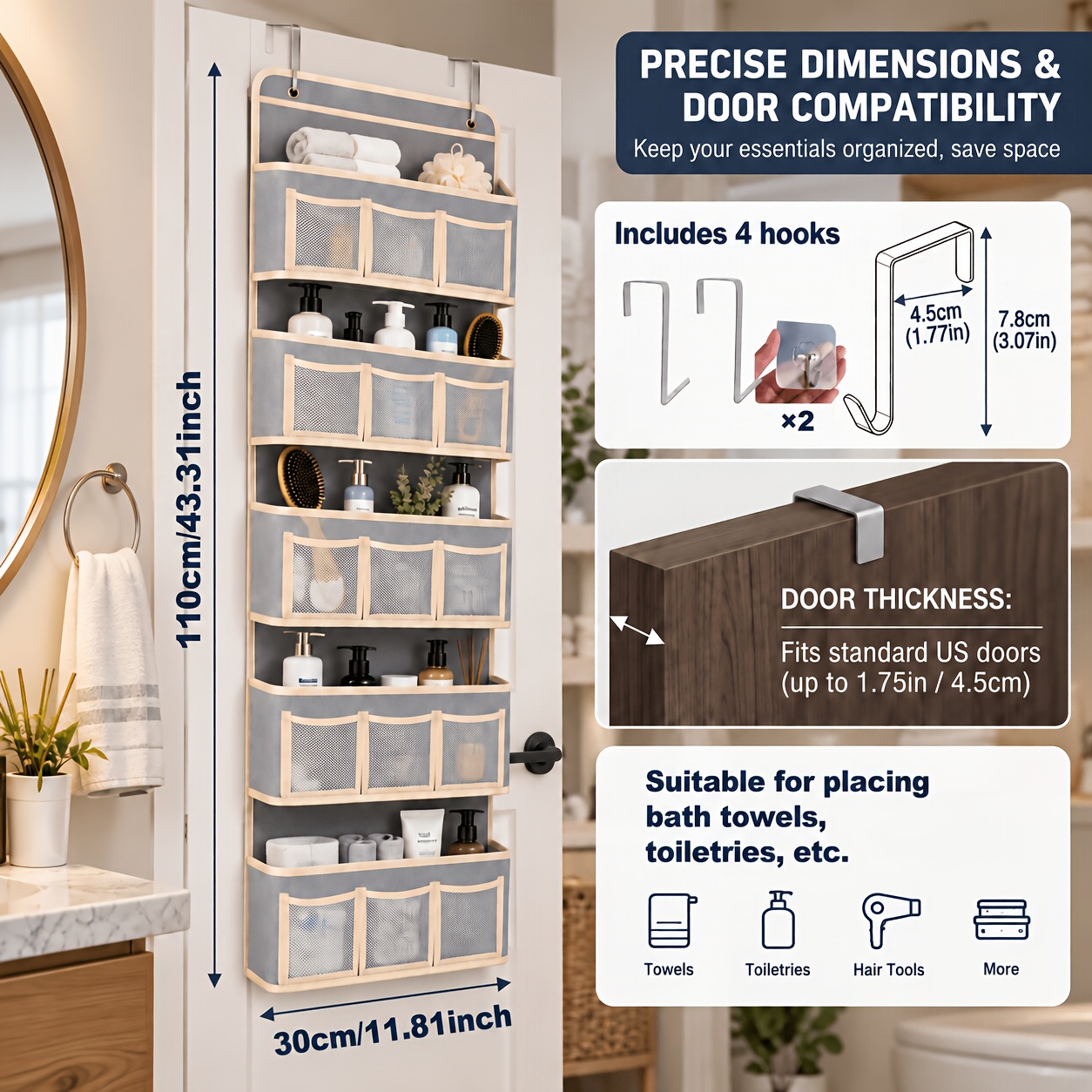 TEMU [15- Upgraded Style] 5-tier Heavy-duty Large Capacity Over-the-door Organizer, Total 20 Storage Areas With Classification, Including 15pcs Mesh