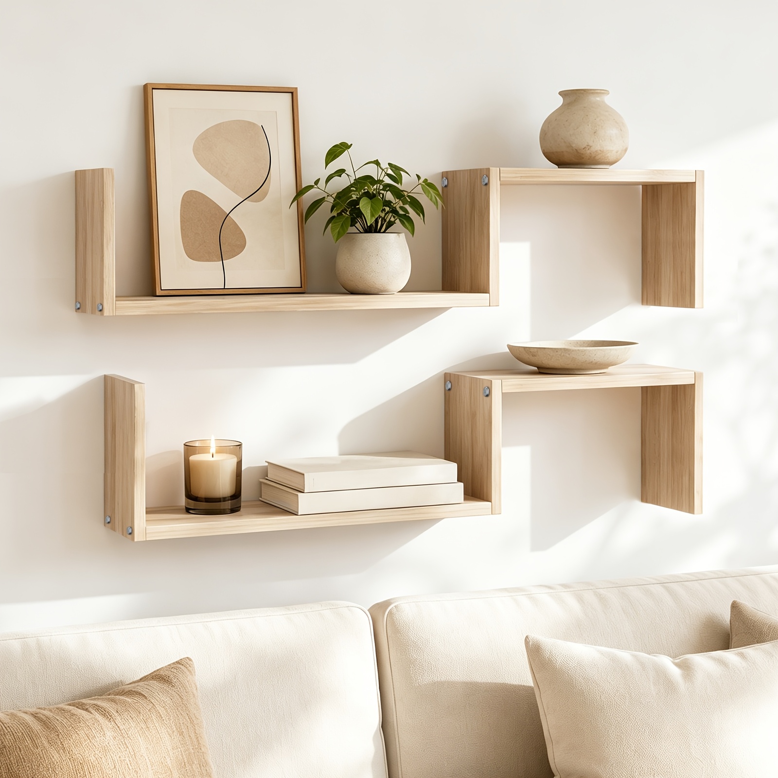 Multi-pc Free Combination Layout Floating Shelves, Space- Wall Storage Shelves, Modern U-shaped , Thick Board Stable Support Floating Shelves, Wall Mounted Shelves For Living Room, Bedroom And Office