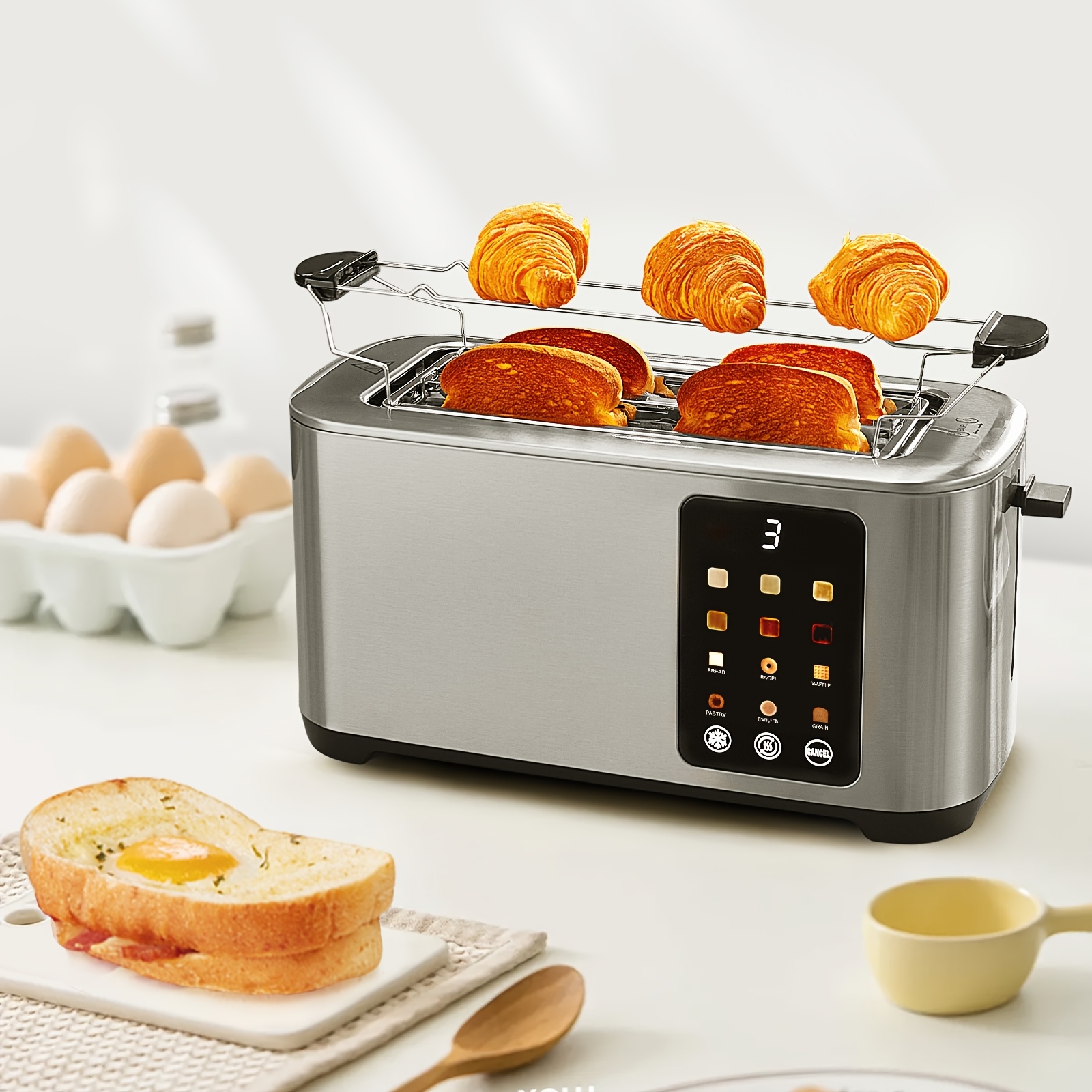 

4 Slice Toaster Touch Screen Control, Long Extra Wide Slots Toaster, 6 Bread Types & 6 Shade Settings, Stainless Steel Toaster, With Removable Tray, // ,