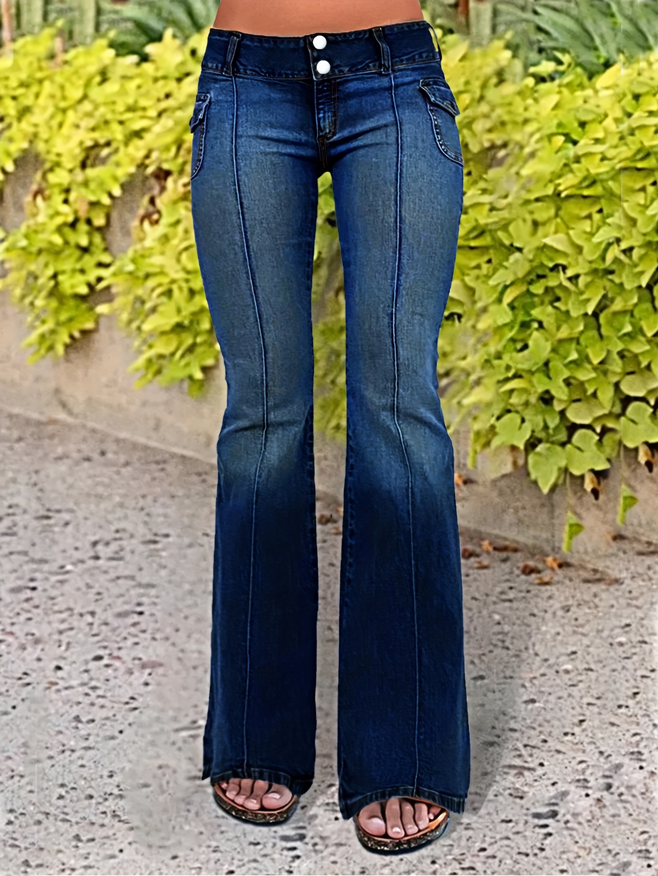 Flap Pocket Pintuck Flare Leg Jeans, Retro Washed Blue Double Buttons Bell  Bottom Denim Pants, Women's Denim Jeans & Clothing