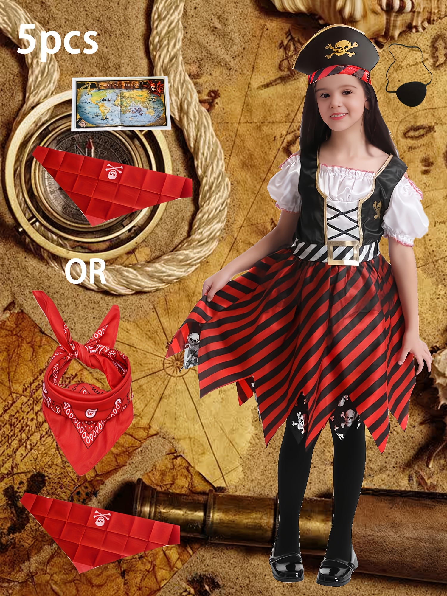 5* Children Girls Pirate Fun Character * Costume Campus Performance  Halloween Role-Playing Outfit Suitable for Height 3Y-10Y Pirate Skirt 5pcs  Set (1 Hat And 1 Dress And 1 Eye Patch And 1 Bandana And ...
