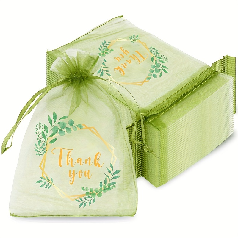 

10/20/50pcs Green Thank You Organza Drawstring Bags, Treat Bags For Jewelry Gift Wrapping Supplies, 4 X 6 Inch