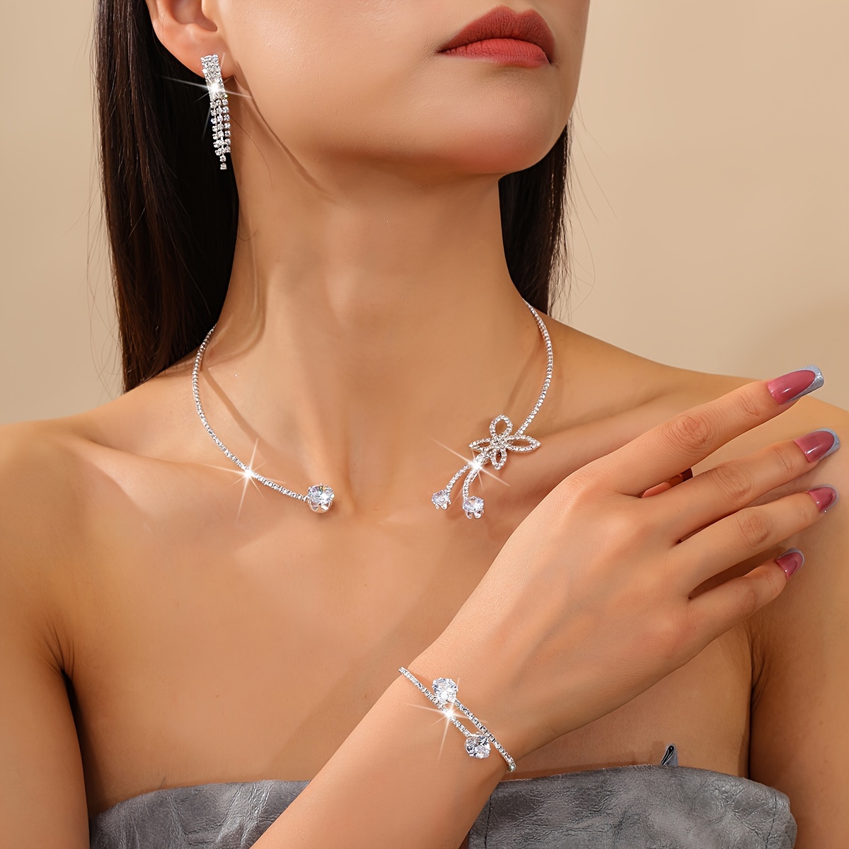 

Elegant Bridal Rhinestone Butterfly Choker Necklace, Bracelet, And Earrings Set - Fashionable Minimalist Full Diamond Collarbone Chain Jewelry Set For Women Simple Style Gifts For Eid