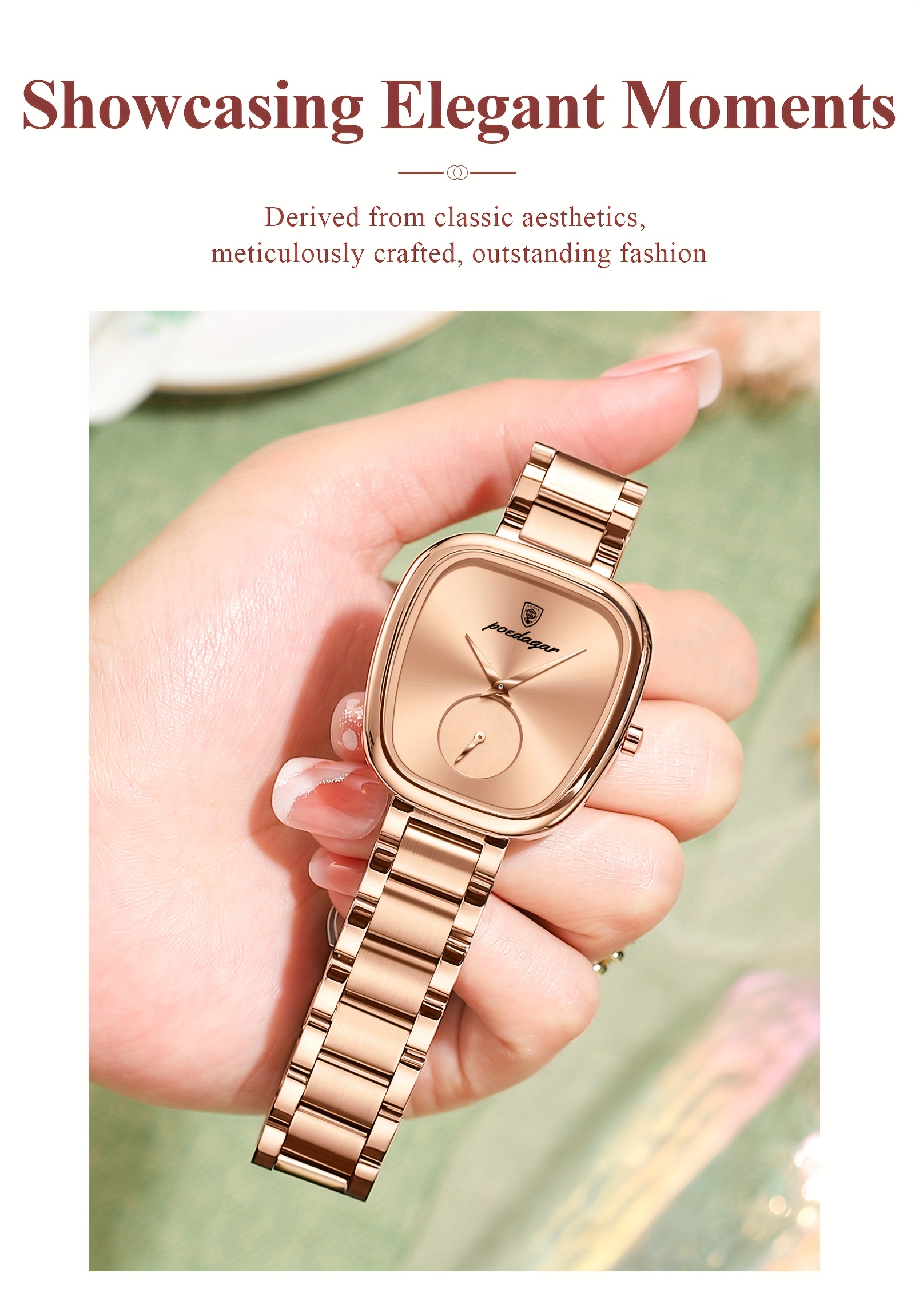 POEDAGAR Elegant Korean Style Ladies Wrist Watch, Square Alloy Case, Stainless Steel Band, Digital Display, 3ATM, Quartz Movement, Non-rechargeable Button Battery