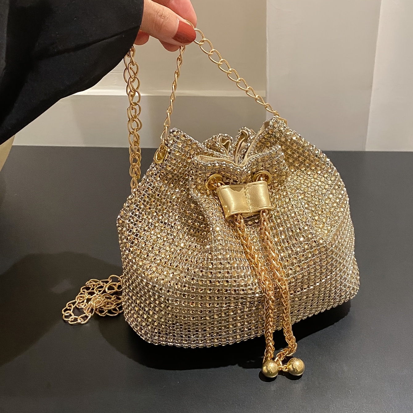 Women's Fashionable Shiny Evening Party Bag, Solid Color -feel Single-shoulder Bucket Bag, 5 Colors