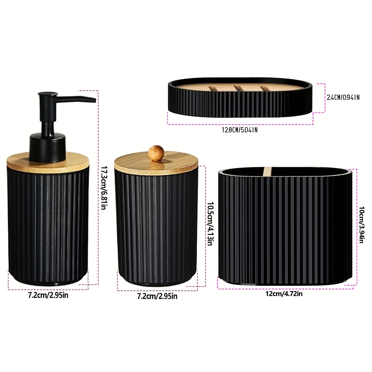 Image of Bathroom Additions Set, Black Bath Ensemble Includes Toothbrush Holder, Soap Dispenser, Cotton And Soap Dish For Decorative Countertop And Housewarming Gift
