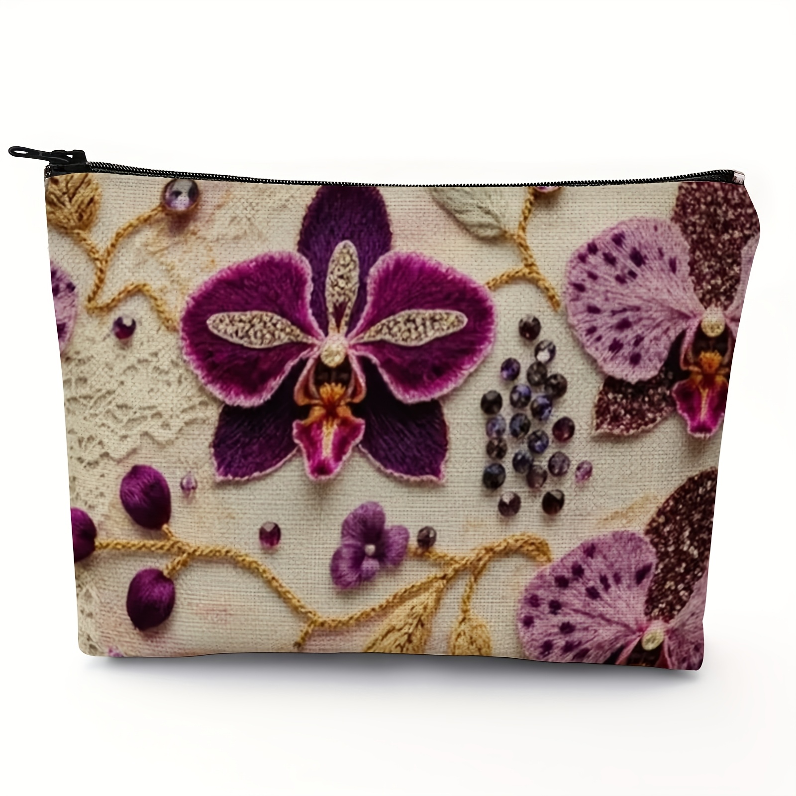 TEMU Trousse de maquillage 1 pièce à motif de - Sac à main luxueux à fermeture éclair avec motif d'orchidée, trousse de toilette portable et adaptée