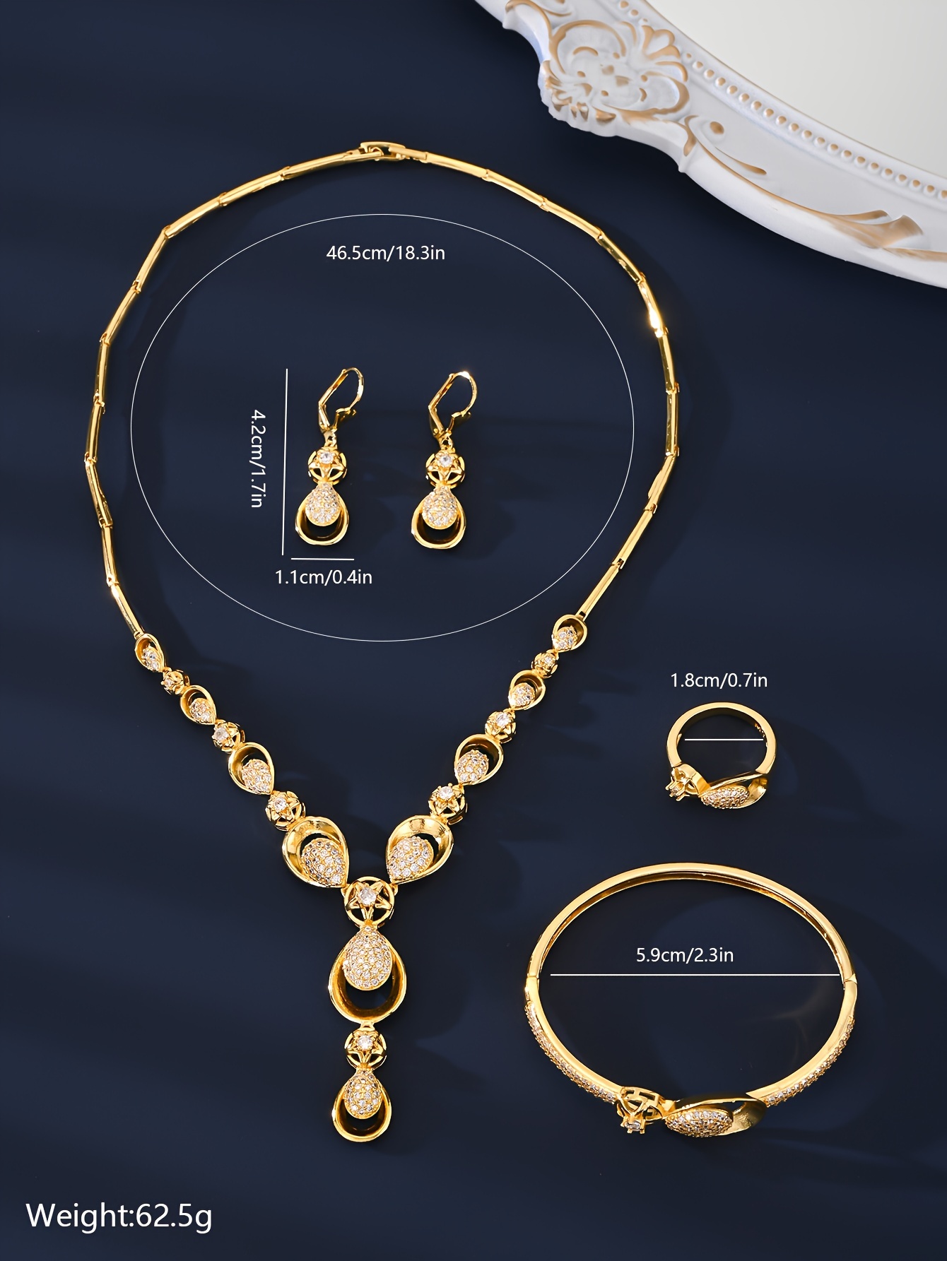 elegant 5 piece jewelry set with 18k golden plating and zirconia stones copper based necklace earrings bracelet and ring for   parties and valentines day gifts details 1