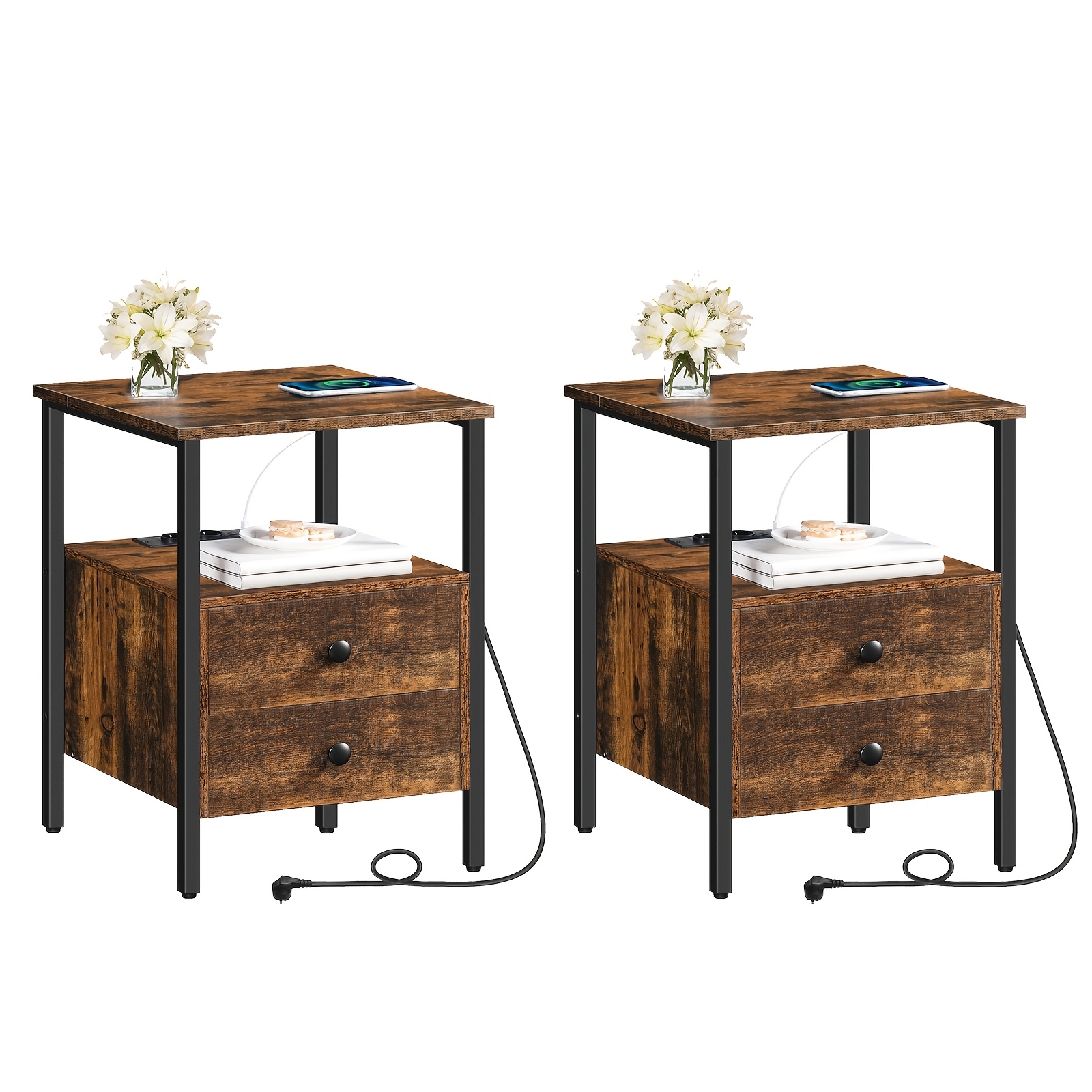 2 Pack Nightstand With Charging Station, End Table, Sofa Table With 2 Drawers, Coffee Table With Usb Ports, For Living Room, Bedroom, , Brown