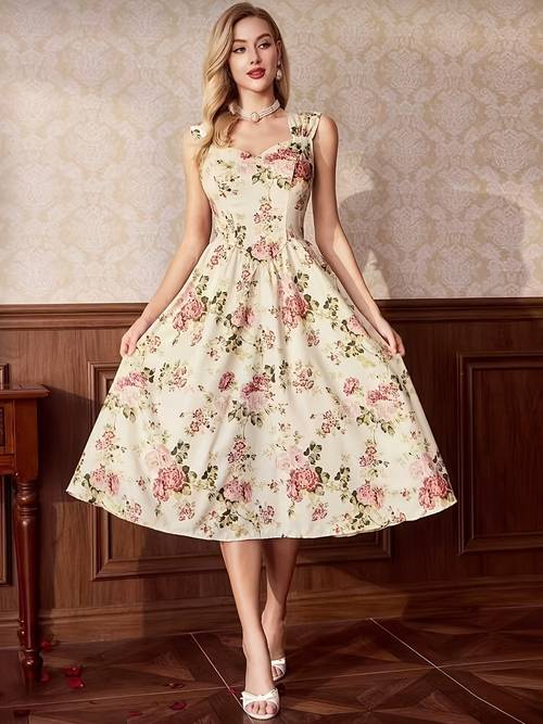 retro sweetheart neck sleeveless cinched waist flared dress