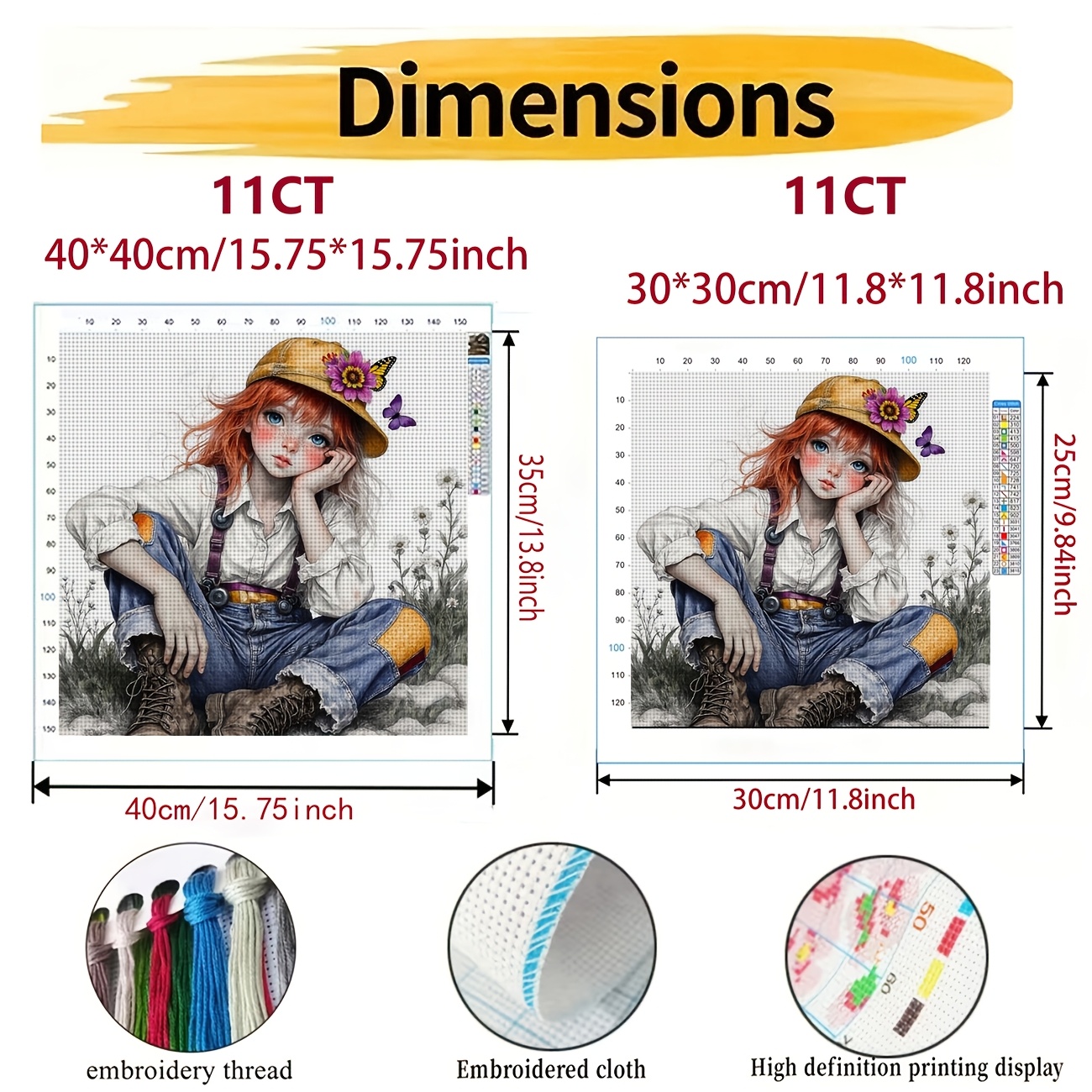 DIY Cross-Stitch Printed Kit, Red-Haired Child with Yellow Hat Pattern