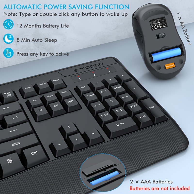 E-YOOSO 2.4Ghz Wireless Keyboard And Mouse Set, Low Voltage Prompt, Composite Multimedia Functions, Self-Sleep Function, Ergonomic Keyboard And Mouse Set with Support Wrist Rest, Convenient And Comfortable Keyboard And Mouse Operation