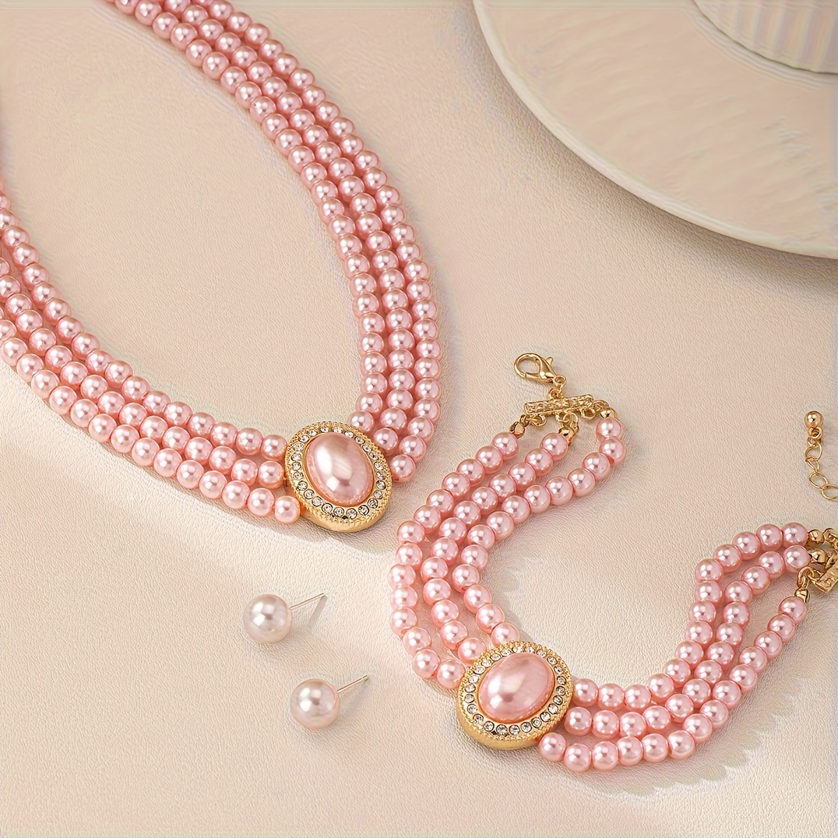 Layer Necklace Set Light Pink Earrings Bracelet Casual Attire Gift