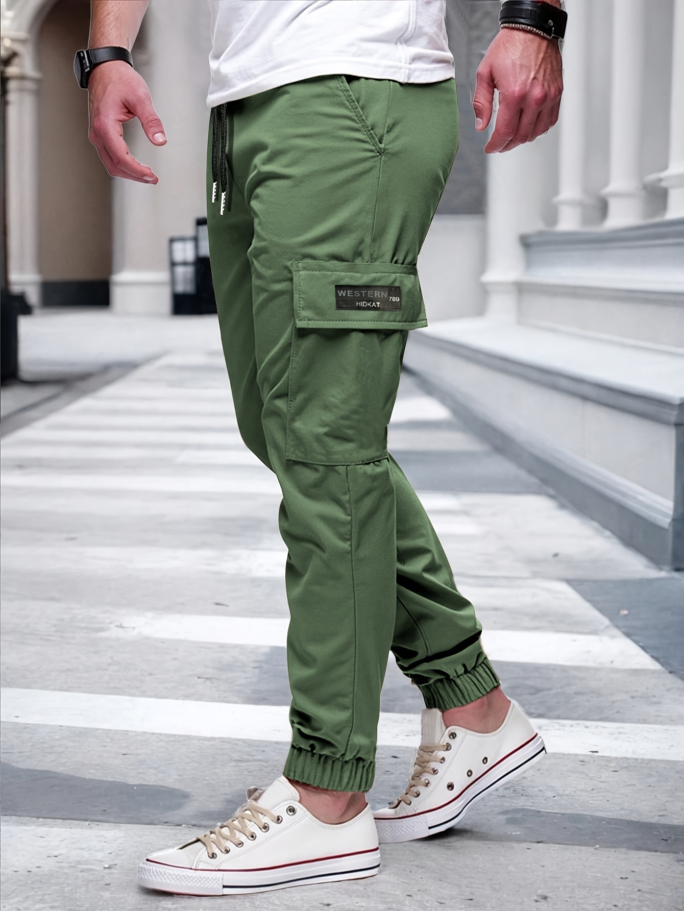 mens casual solid color cargo pants with elastic waist and side pockets comfortable for outdoor activities regular fit details 4