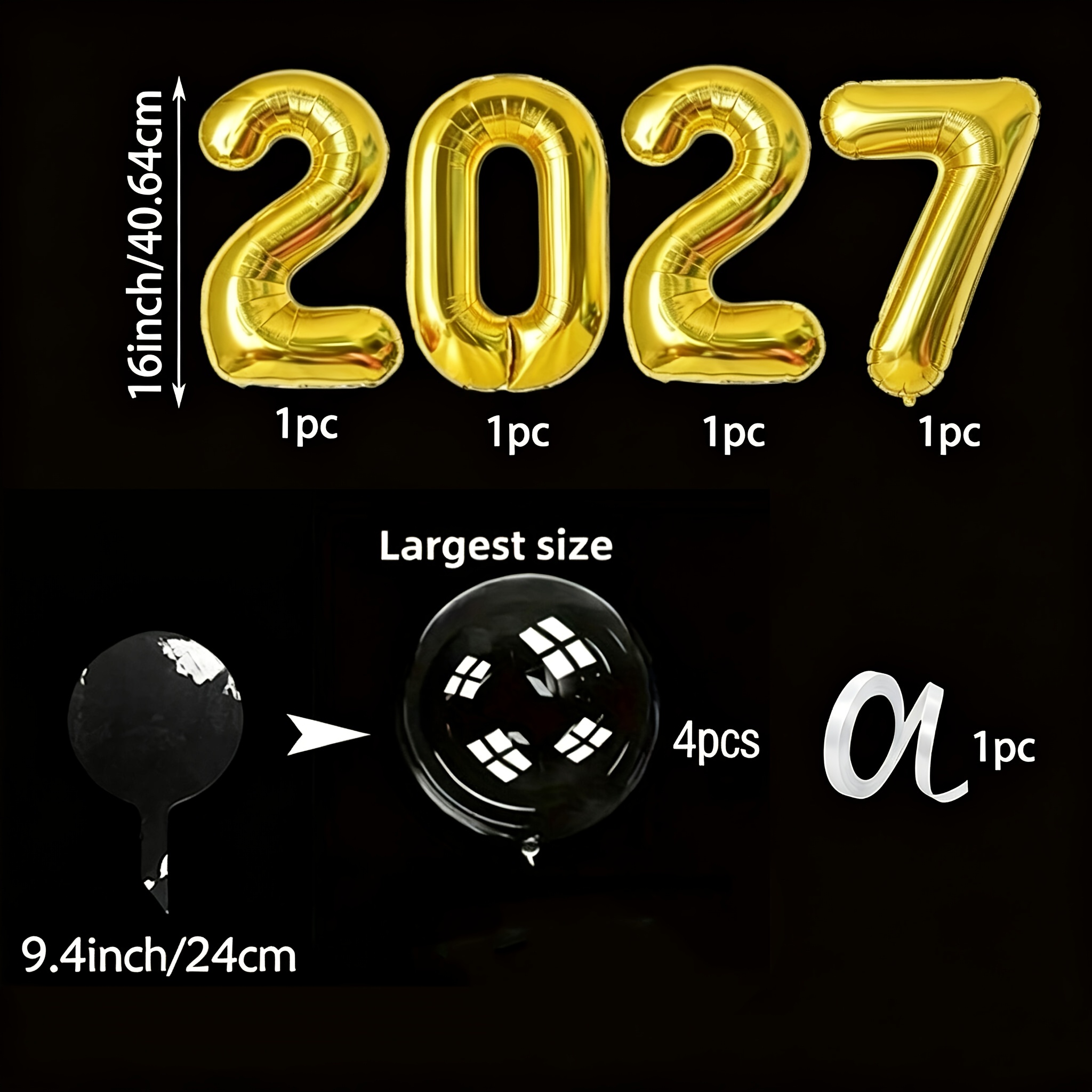TEMU 2027 New Year Transparent Bobo Balloon Set (8 Balloons And Ribbon), Golden 2027 Number Foil Balloons With Clear Bobo Balloons, Number Decoration