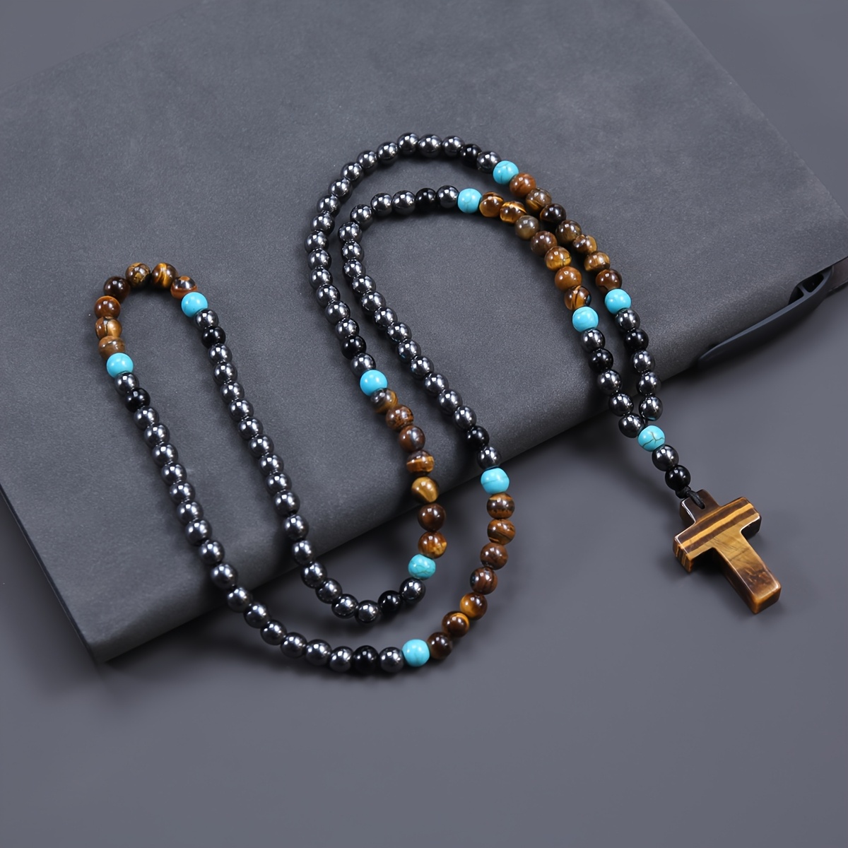Image of Retro Classic 6mm Natural Stone Tiger Eye Black Round Bead Cross Pendant Men's And Women's Necklace Birthday Gift