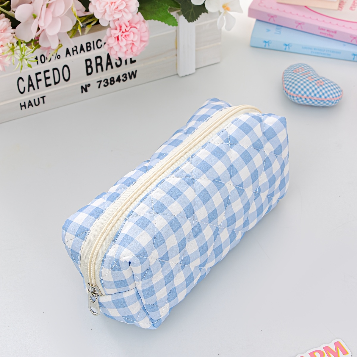 TEMU Easy Korean Blue Grid Large Capacity Cosmetic Bag, Polyester Fiber Material - Durable, Portable, Stylish, Built-in Makeup Brush Partition,