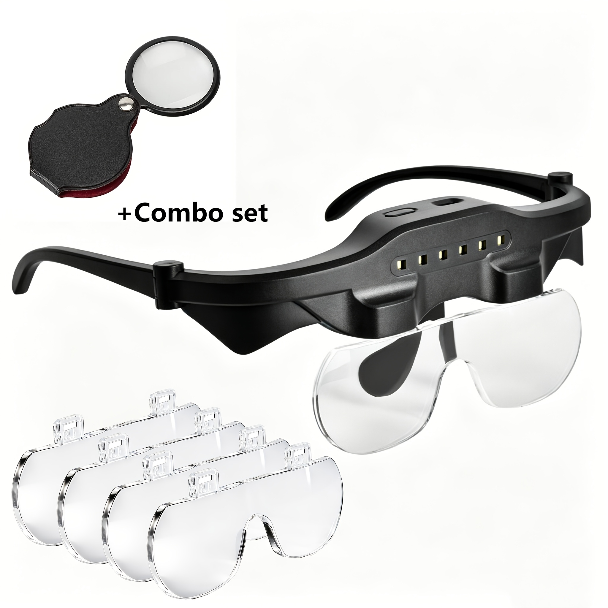 Image of Eyeglass-style Led Magnifying Glass+ Mini Folding Magnifier Set (2-pack), 1.5x-5x Magnification, With 4 Interchangeable Lenses; Ideal For Reading, Watch Repair, Crafts, And Engraving