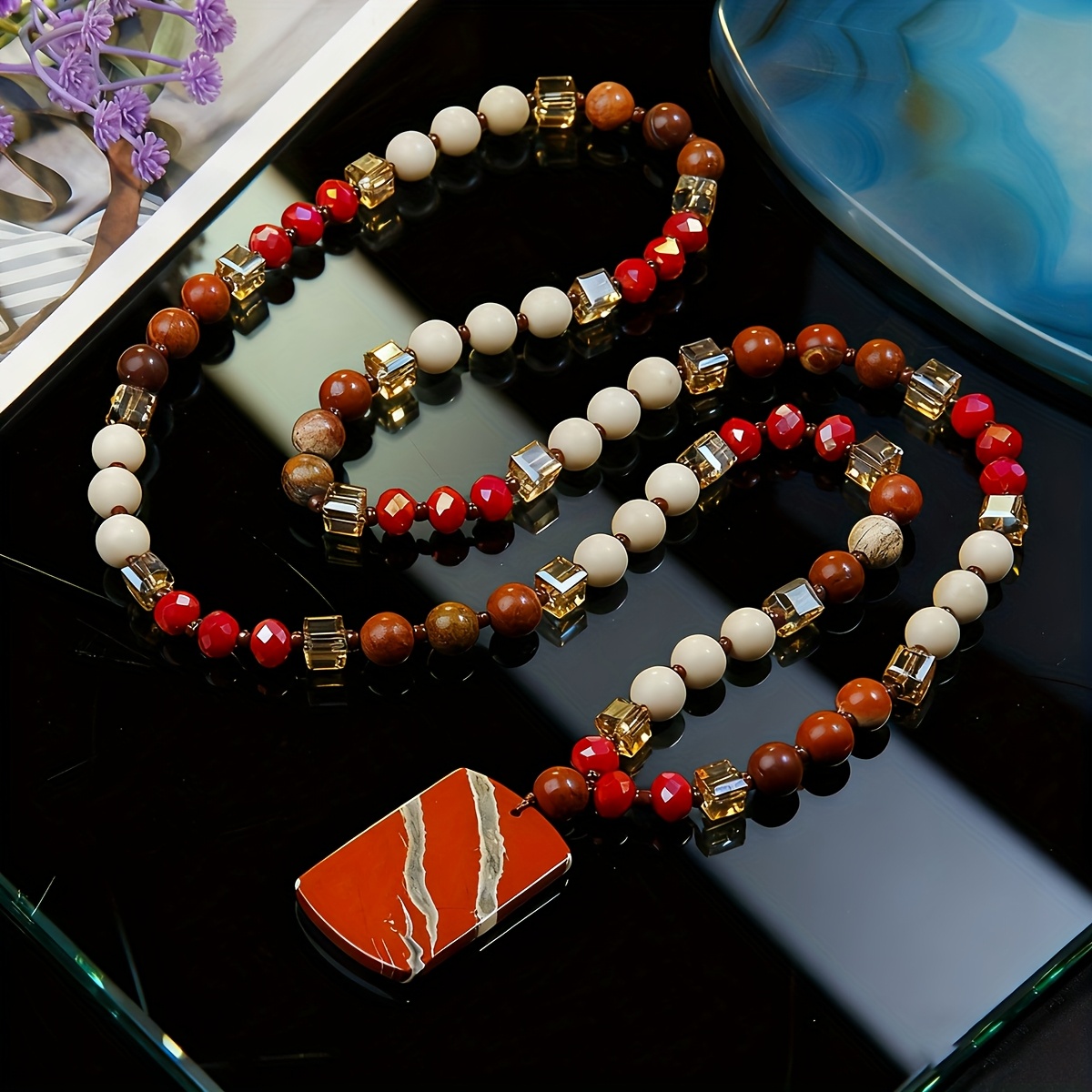 Red Natural Stone Pendant Sweater Chain Necklace