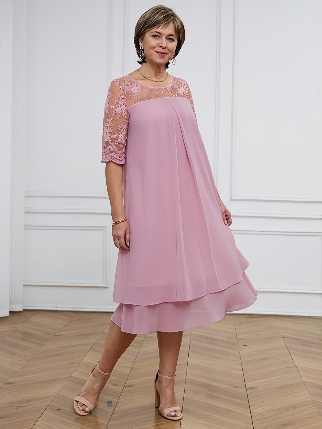 womens elegant lavender a line dress with lace sleeve trim soft   lavender round neck short to medium length casual to semi formal dress hand washable non stretch fabric for   wear office wedding guest party adult womens fashion peach 6