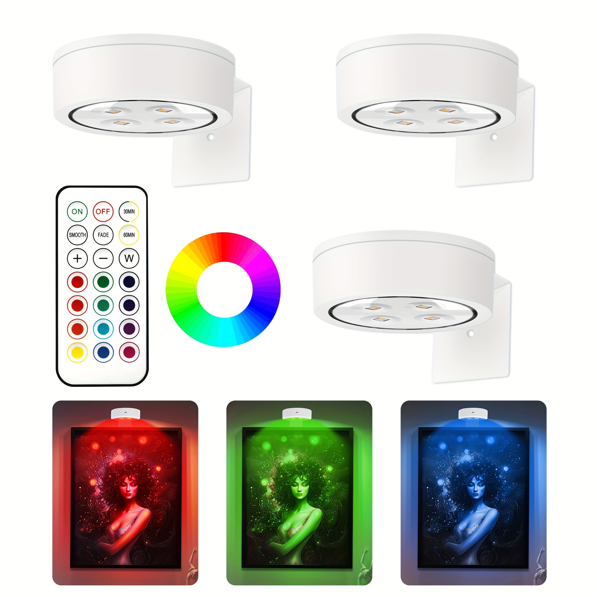 

3pcs Picture Light Battery Operated, 13 Rgb Color Magnetic Led Art Display Light For Picture Frame Artworking, Wireless Painting Light With Remote Control, Party Home Wall Decor Light, White-rgb