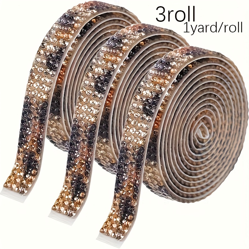Image of 3 Rolls Of Self-adhesive Crystal Rhinestone Ribbon With Diamond Glitter, Used For Art Crafts, Weddings, Birthdays, Activities, Car Decoration, Mobile Phone Decoration Stickers (leopard ), 1 Yard/roll